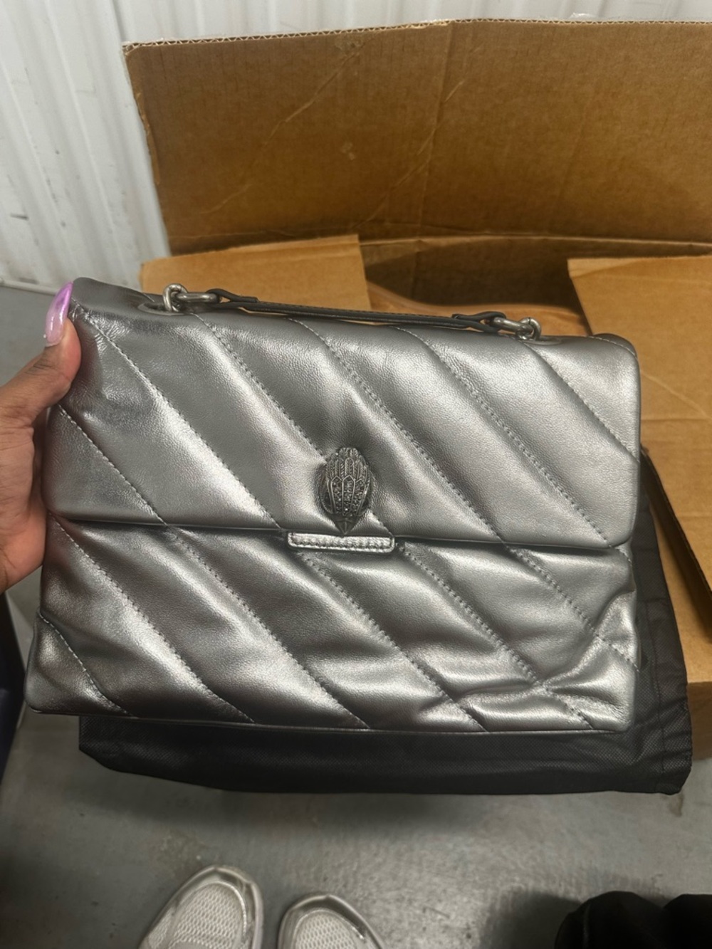 Kurt Geiger Metallic Silver Quilted Shoulder Bag with Chain Handle